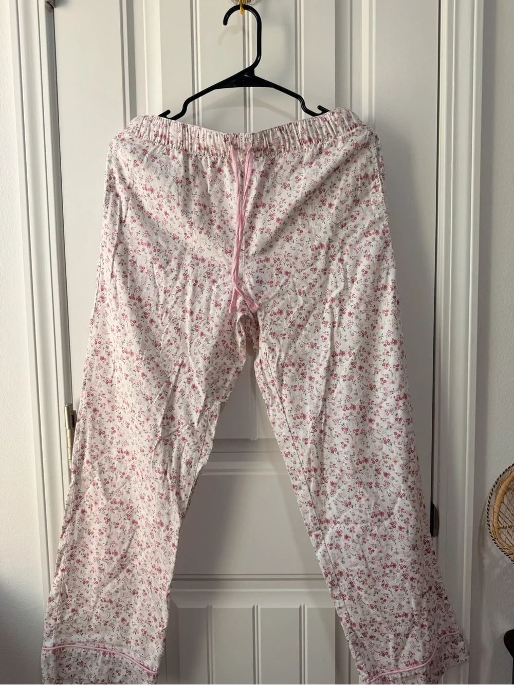 Floral Button-Front Pajama Top With Matching Pants- White with Pink Florals